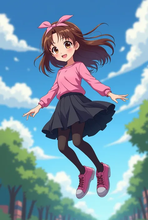 anime, adolescent,black skirt, black tights, flying shoes, Brown hair,Brown eyes, a pink headband, pink shirt