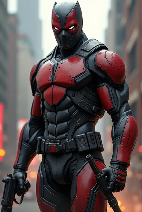 Suit with mask as close to a hero suit and a combination of red colors, black and grey with 2 swords, guns on the waist, tactical mode for hand-to-hand combat 