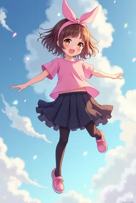 anime, adolescent,black skirt, black tights, flying shoes, Brown hair,Brown eyes, a pink headband, pink shirt