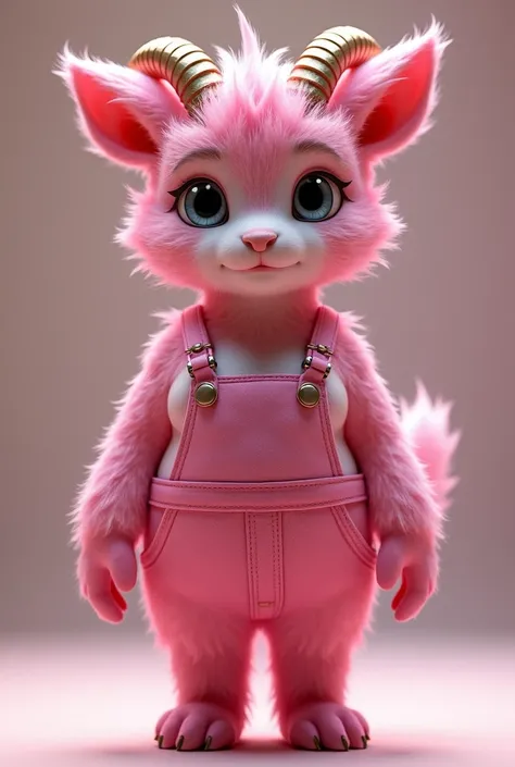 Girl 1.58 tall, with goat features, Pink fur or hair, big breasts cup fy wearing overalls