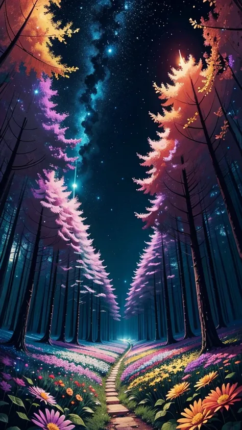 forest at night, surrounded by many colorful flowers. There are fireflies everywhere. hyper detailed, colorful, beautiful, magical