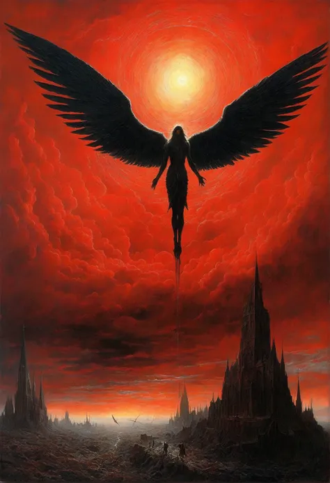 mythical creatures, author：zdzislaw beksiński、angel、holy war、big eye in the sky、red/black,