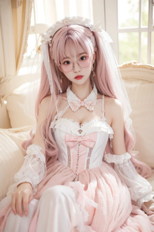 highest quality、masterpiece、high sensitivity、high resolution、detailed description、slender women、glasses、lolita、pink hair、