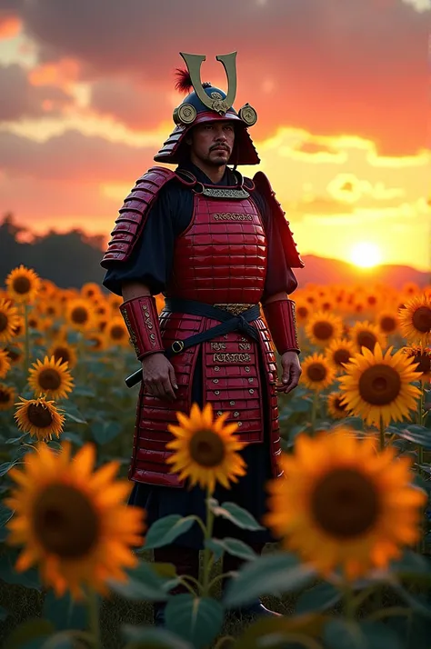 A samurai man in red samurai armor in a field of sunflowers at sunset 