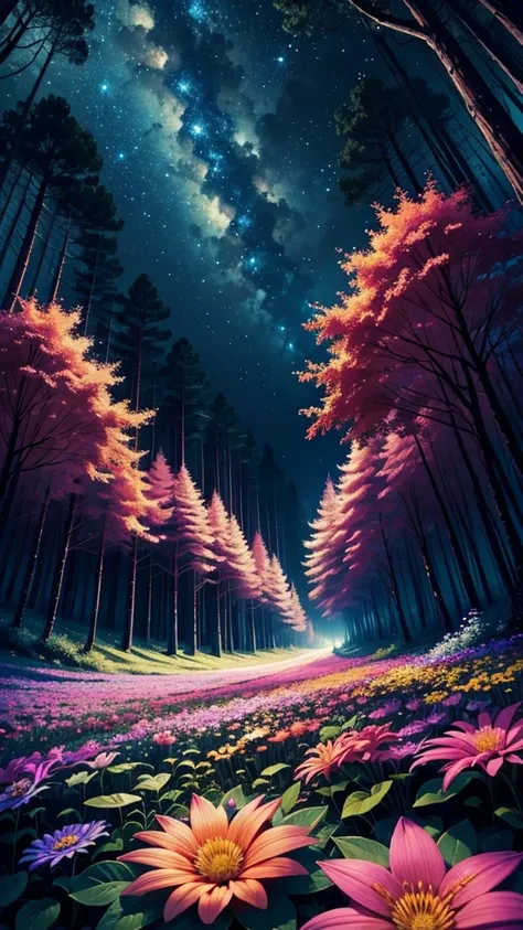 forest at night, There are many colorful flowers. There are fireflies everywhere. hyper detailed, colorful, beautiful, magical