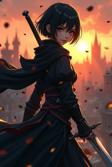 1 warrior girl, expressive black eyes, black short hair, dressed with a black drape, using his massive two hand sword  ,fighting pose ,black petals fall from the sky in big medieval city in sunset in background, detail richness, masterpiece, best quality