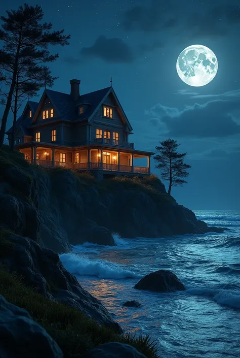 ((House facing the sea)) at night
