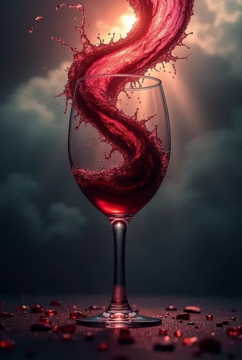 Create a promotional image when are a red wine glass and a tornado! The Wine in the glas creating a realistic wine tornado then starting red and finish in the Sky! 