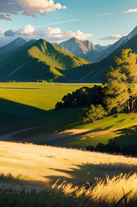 An expansive green landscape with rolling hills and lush grass, framed by majestic mountains in the background. The sky is adorned with a few scattered clouds, and the scene captures the warm, golden light of the late afternoon as the sun begins to set, ca...