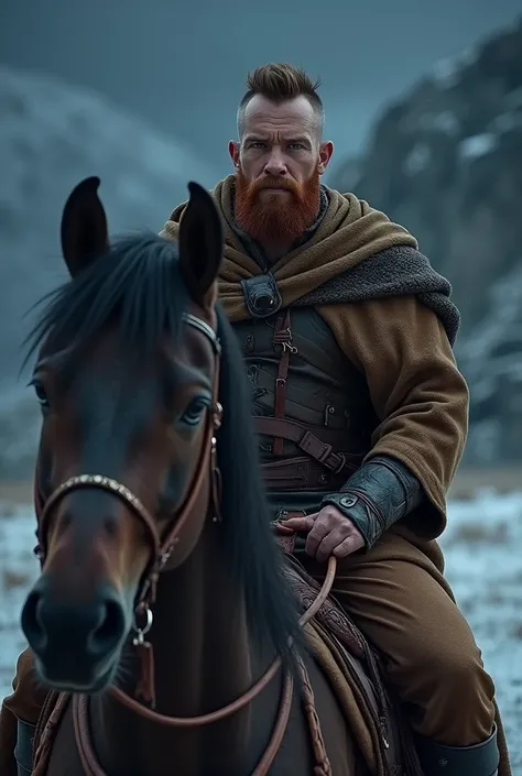 Bronze Age Man, with brown hair with the sides of the hair shaved and on top with medium short hair with a red beard sitting on a horse wearing leather clothes, on a cold night