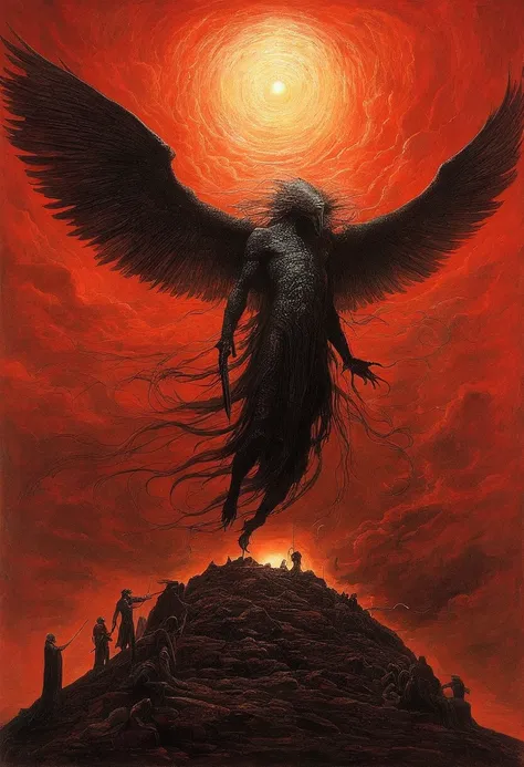 mythical creatures, author：zdzislaw beksiński、angel、holy war、red/black、azathoth