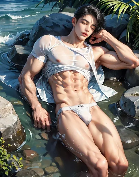 A handsome 20 years old man, muscular and slim, model , found lying sideways in the seashore unconcious, eyes are closed and in pain, sexy and toned body, wet ripped shirt and thong