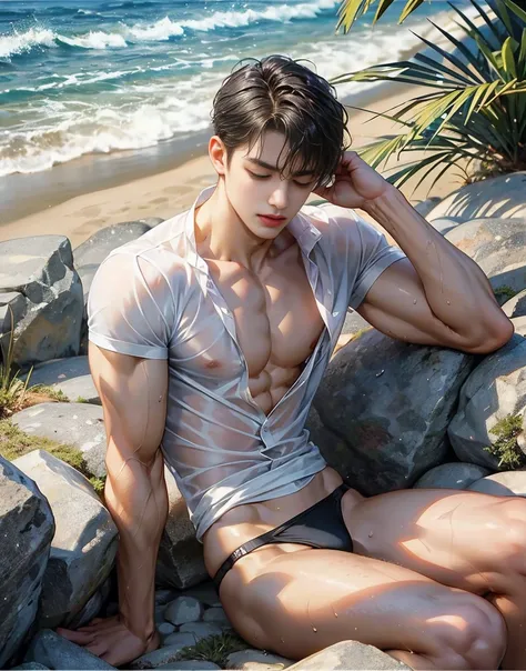 A handsome 20 years old man, muscular and slim, model , found lying sideways in the seashore unconcious, eyes are closed and in pain, sexy and toned body, wet ripped shirt and thong