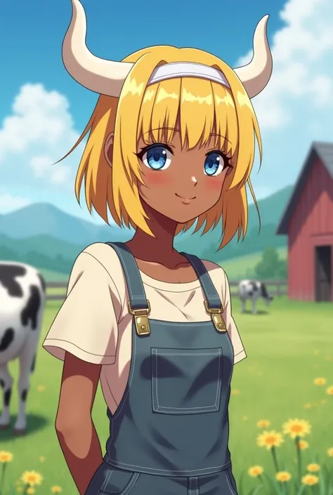 anime style girl, Dark skin, blue eyes, straight hair, Yellow hair, white bull horns, farmer clothes, Whole body, short hair, fringe, farm, white headband, smiling, beautiful, arms behind the back