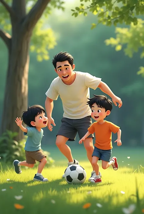 a japanese father playing soccer with his two realistic boy sons
