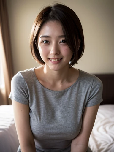 In front of the white wall of a stylish white hotel room with the morning sun shining in、On the bed、18-year-old female、Realistic Skin、((Dark Eyes))、A shy smile、Medium Short Hair、Grey T-shirt、Yoshitomo Nara, shikamimi, Chiho, mayuri shiina, A real young gra...