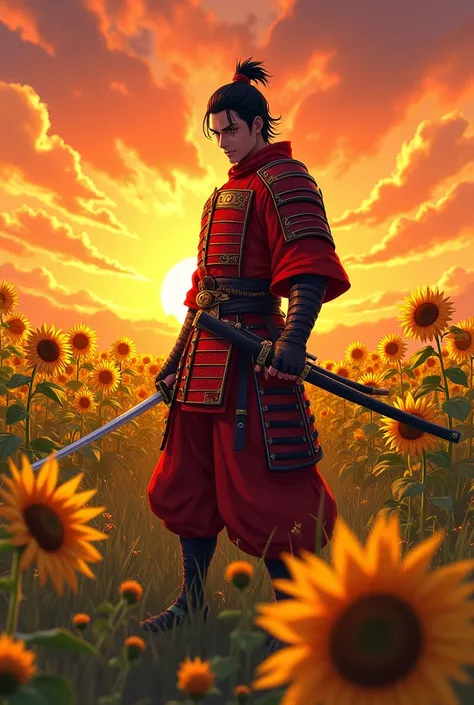 A male samurai in red samurai armor making an attack stance with his katana drawn in a field of sunflowers at sunset drawn in anime style 