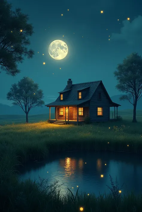 ((House in the middle of a field full of fireflies)) at night, several scattered trees, a lake in front