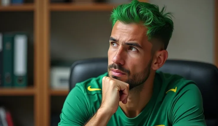 A Brazilian man with his hand on his chin, with green hair, Corinthians shirt, sitting in a desk chair, looking to the side with a doubtful face