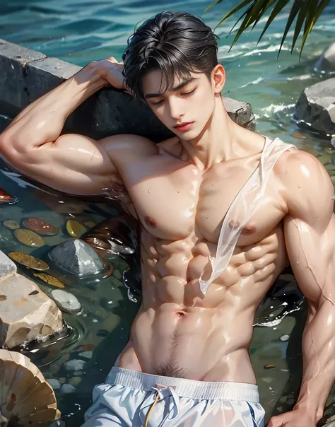 A handsome 20 years old man, muscular and slim, model , found lying sideways in the seashore unconcious, eyes are closed and in pain, sexy and toned body, wet ripped shirt , torn and ripped thong