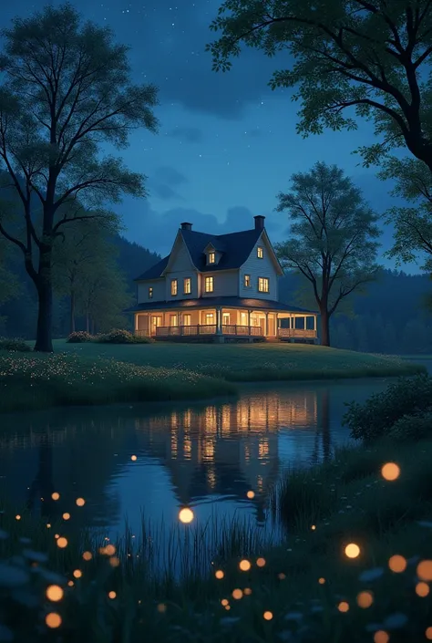 ((Country house full of fireflies)) at night, several scattered trees, a lake in front