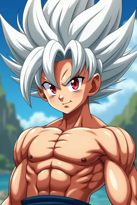 Screenshot of my hero academy . 
Muscular boy but not excessively with white hair spiky like super saiyan with entirely red eyes with a tender appearance 