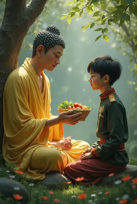 Buddha speaking: “the secret to the truth is the basic food basket” for a teenager wearing the uniform of the Tiradentes school of the military brigade 