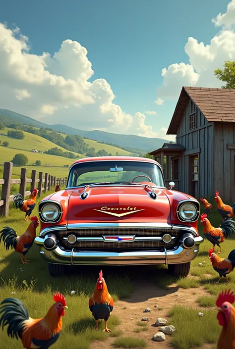 Chevrolet car and roosters