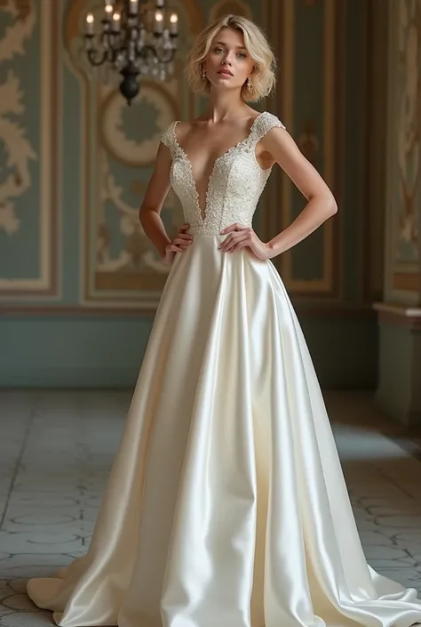 full long elegant wedding dress wit decolte from satin without any patterns on it for curly blonde short haired girl with green eyes. Not in any bohemian style. in Opera singing style
