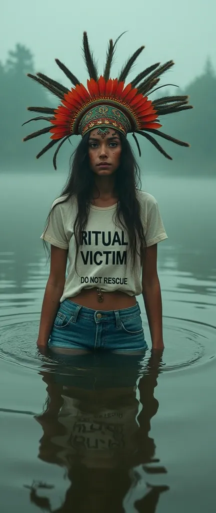 extremely detailed woman in jeans and t-shirt with label "RITUAL VICTIM DO NOT RESCUE" is victim of ritual, drowning in bog, in the middle of a bog, fashion photoshoot posing, wearing a beautiful headdress and traditional indigenous makeup. red, green, blu...