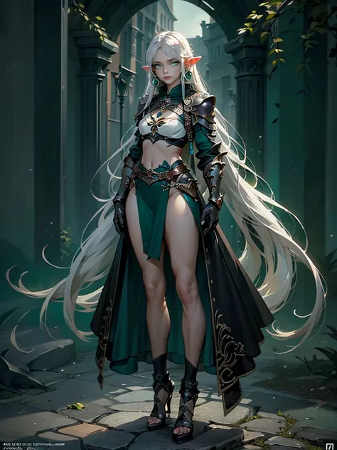 (((masterpiece, best quality, high detailed, 8k))) design a layout showcase gaming character, (1girl). elf, long silver hair, gr...