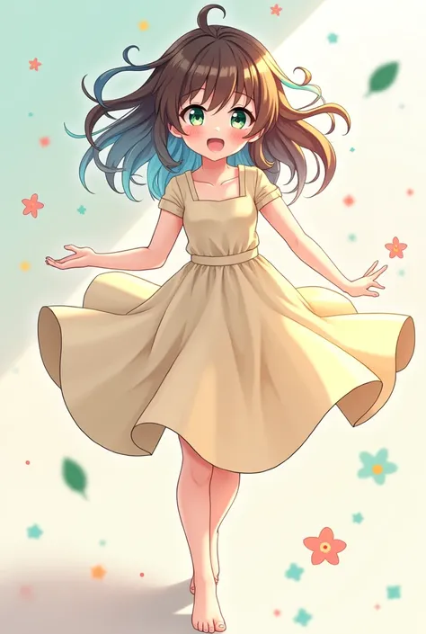 Teenage anime girl with brown hair and blue streak with green eyes in a cute dress dancing 