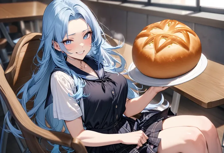 (best enjoy style), (hand holding the Delicious baked round bread), (solo:2, 15 yo) (beautiful detailed forehead) (beautiful pastel blue hair long hair) (immensely cute girl) (best cute blue eyes) (best grin smile, glossy lip) (smal tits), in a summer Eleg...