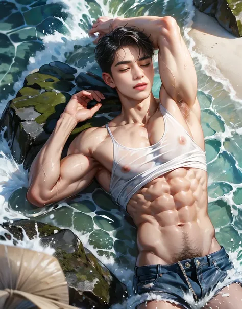 A handsome 20 years old man, muscular and slim, model , washed ashore, found lying on the seashore unconcious, eyes are closed and in pain, sexy and toned body, wet ripped shirt, exposed perfect shaped penis, full body, 