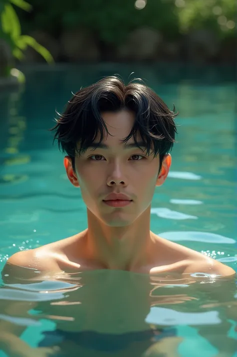 good looking　male　Black Hair　Mushroom cut　swimming