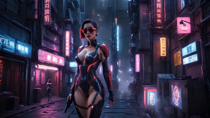 Theres a cyborg woman (8k) wearing a futuristic leotard (best quality) standing in a cyberpunk city alley at night, darksynth aesthetic, red neons, haze, foggy night, ultra detailed, photorealistic, (1girl, solo, alone), large-breast:1.2 slim body, cleavag...