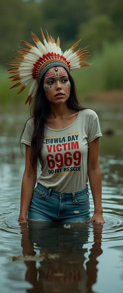 extremely detailed woman in jeans and t-shirt with tag "RITUAL DAY VICTIM 6969 DO NOT RESCUE"  is victim of ritual, drowning in bog, in the middle of a bog, sexy photoshoot posing, wearing a beautiful headdress and traditional indigenous makeup. red, green...