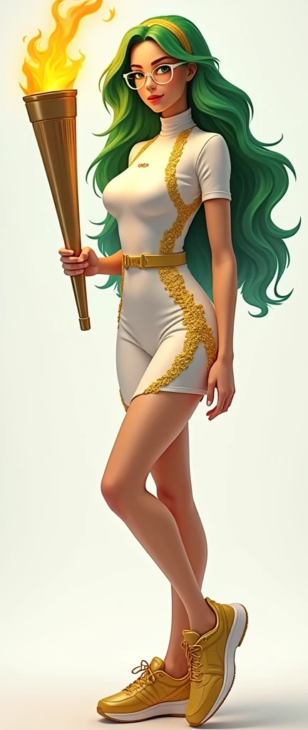 masterpiece, best quality, High quality, beautiful woman, 1girl, ((green wavy long hair: 1.2)), green eyes, Wear round glasses, medium breasts, shiny skin, light smile, cowboy shot, //Character 1girl, BREAK //Fashions Olympic Fire Torch Bearer Embody the s...