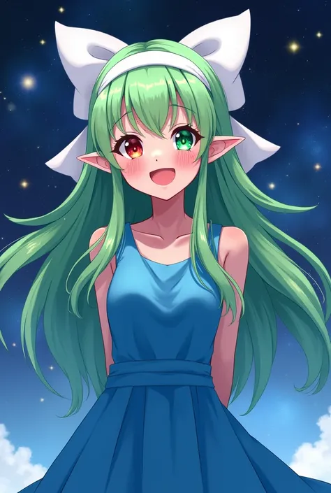 teenager, anime style, White skin, pale, super long green hair, fringe, Elf&#39;s ears, happy, white headband, scar right eye, left eye red, green right eye, Blue dress, big white bow behind the head, Whole body, hands behind the back, smiling, outer space