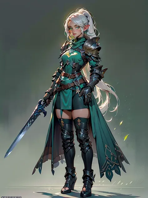 (((masterpiece, best quality, high detailed, 8k))) design a layout showcase gaming character, (1girl). elf, long silver hair, gr...