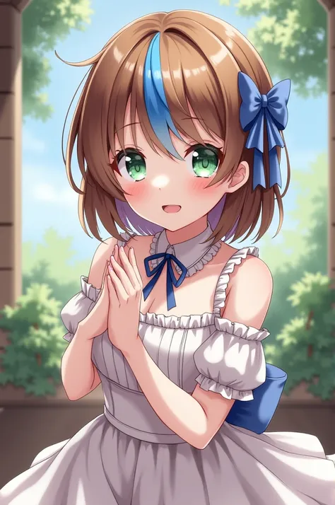 Anime girl with brown hair and blue streak, green eyes in a dress 
