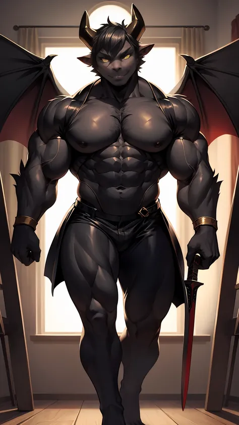 Huge muscles,,Devilish wings,Devilish horns,Showing off strength,(((black costume))),Provocative look,Ready your weapon,Chat Noir