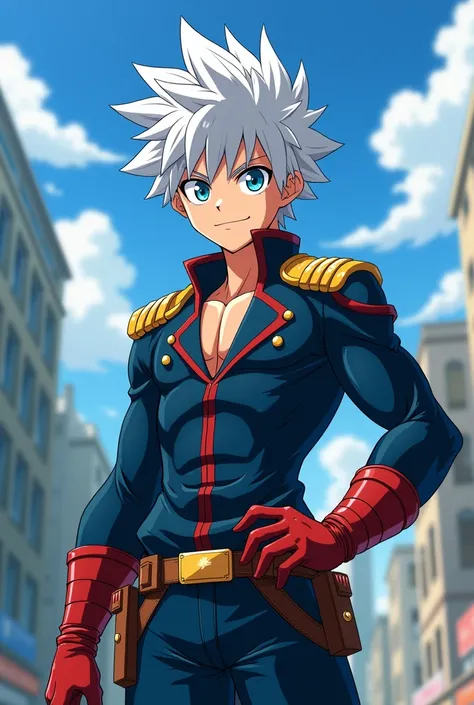 Screenshot of my hero academy.
Handsome tender muscular boy but not excessively so with spiky white hair and eyes entirely blue 