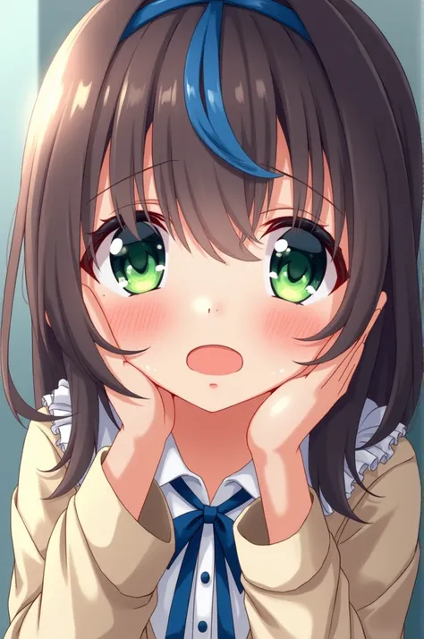 Beautiful anime girl with brown hair and blue bangs with green eyes crying 
