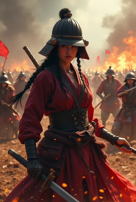 Japan (Christina Chong beautiful face, narrowed eyes. smirk. black braided hair with narrowed eyes,) Samurai、Female warriors of the Sengoku period、Wearing a helmet、Scene of fierce fighting、There are many people fighting around、Flames are rising all around、...