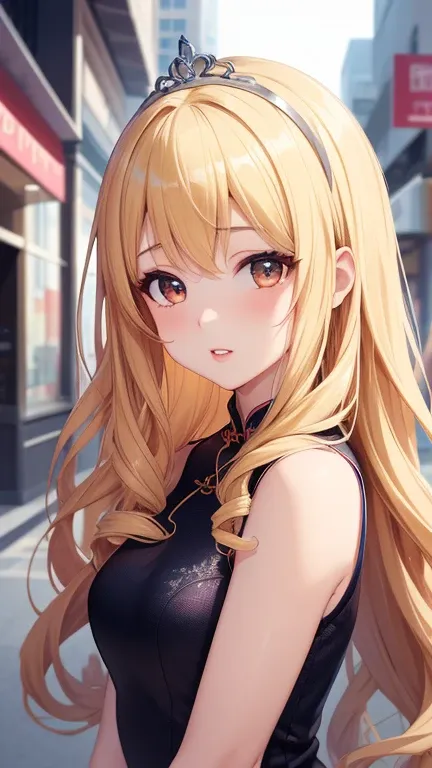 masterpiece, best quality, 1girl, very curly hair, blonde hair, shiny hair, tiara, diadem, medium breasts, glossy lips, good lighting, latifa fleuranza, city street, sleeveless cheongsam