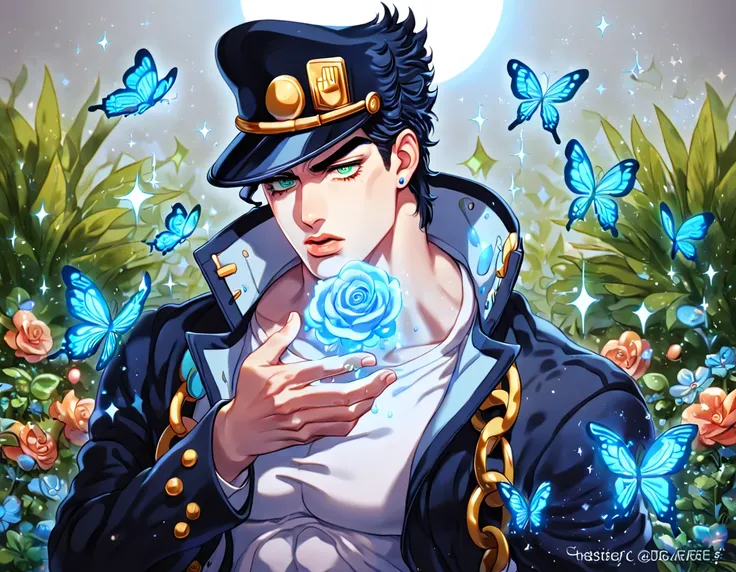 absurdres, highres, ultra detailed, HDR, master piece, best quality, extremely detailed, Jotaro Kujo, black hair, expressive green eyes, Jojo Bizarre Adventure, solo, sexy man, handsome, sensual, horny, black coat, white shirt, black hat, fantasy, magic, s...