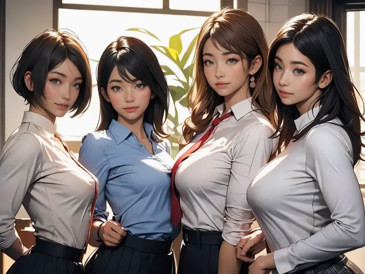 masterpiece, Highest quality, figure, Very detailed, The finer details, High resolution, 8k,wallpaper, Perfect dynamic composition,(Detailed high quality, Realistic depiction of eyes:1.3), (Three Girls), A tight-fitting business shirt with buttons on the c...