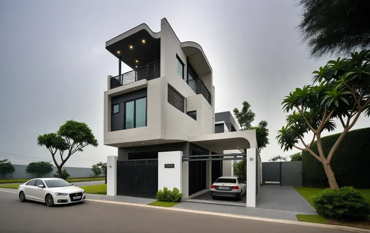 raw photo, a photo of a modern house, (curvilinear chrchitecture:1.4), wabisabi style rounded wall, white wall, steel dark gate,...