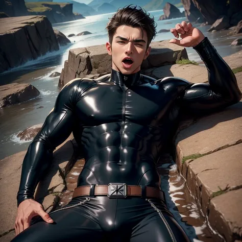 30-year-old handsome man、Black bodysuit、Shocker Belt、logic肉質、Cliff in the mountains　logic,Gay ,Lying on your back　Fallen　The crotch area of the pants is bulging　Scream　Close your eyes　Sticking out tongue　Dirty in the muddy water